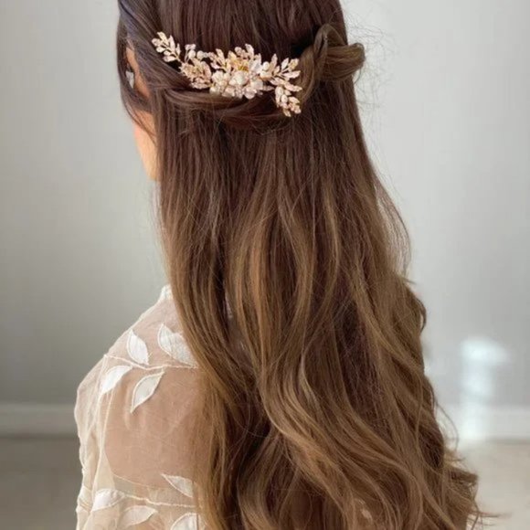 Bridal Wedding Bride Gold Rhinestone Hair piece Comb leaves flower main image 10